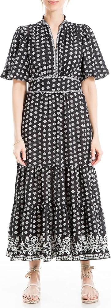 MAX STUDIO Flutter Sleeve V-Neck Printed Maxi Dress