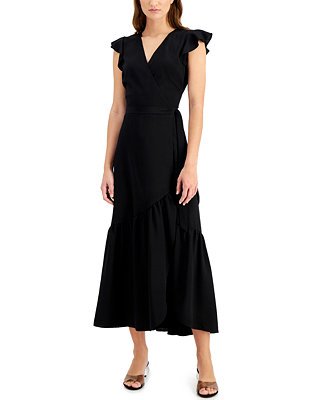 MAX Studio short sleeve flutter dress black solid wrap style