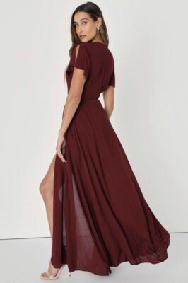 MAX Studio long flutter sleeve maxi dress burgundy wine color model wearing